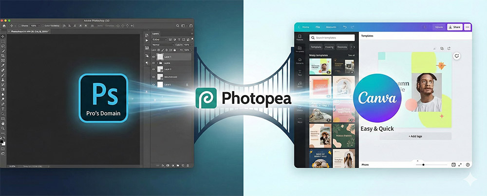 포토샵 결제는 부담스럽고, 그렇다고 캔바(Canva)만 쓰기엔 세밀한 작업이 아쉬운' 분들에게 포토피아(Photopea)